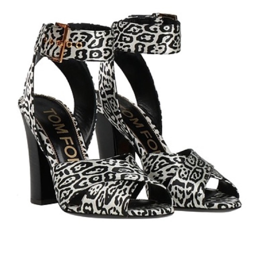 Tom Ford / NEW leopard sandal animal printed heel cross block black white 38 8